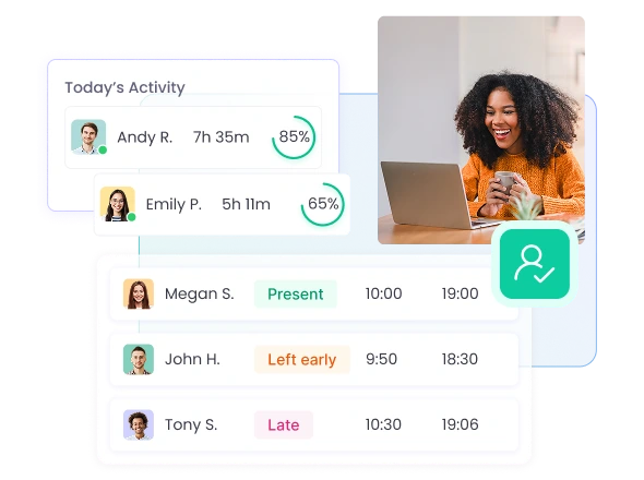 Monitoree la asistencia de los equipos híbridos con un rastreador de tiempo para garantizar puntualidad, sin importar la ubicación