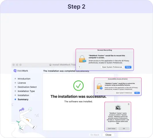 Sigue las instrucciones en pantalla para instalar el rastreador de tiempo para Mac
