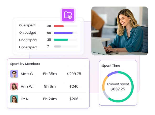 Monitoree los costos del proyecto y evite gastos excesivos con el rastreador de tiempo para equipos híbridos, utilizando nuestras funciones de presupuesto