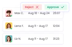 Manager reviewing submitted employee timesheets with logged work hours and details before approval